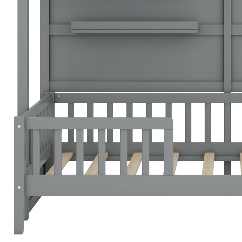 Lit maison avec tablettes, lit maison avec fenêtre et bande lumineuse étincelante sur le toit, Gris