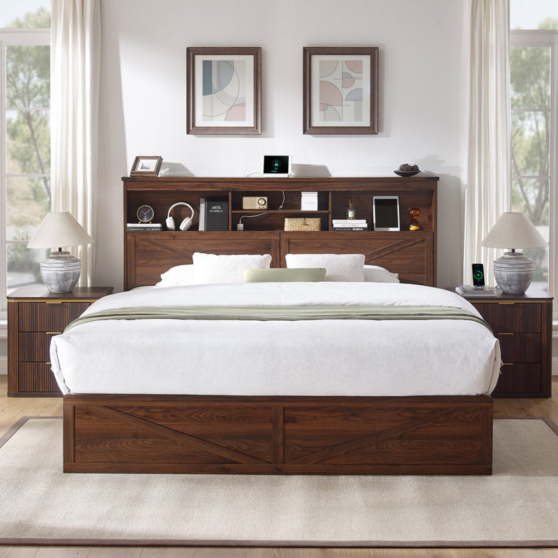 Farmhouse King Size Bed Frame With Led Light And Charging Station,Wooden Bed Frame With 52" High Storage Bookcase Headboard And 4 Drawers