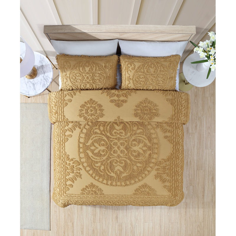 Medallion Cotton Farmhouse / Country Quilt, Queen, Gold