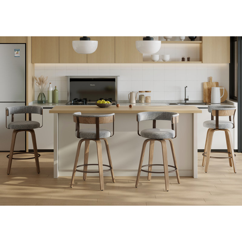 26'' Upholstered Swivel Counter Stool With Back And Bentwood Legs For Kitchen Island, Gray Seat/Natural  Frame