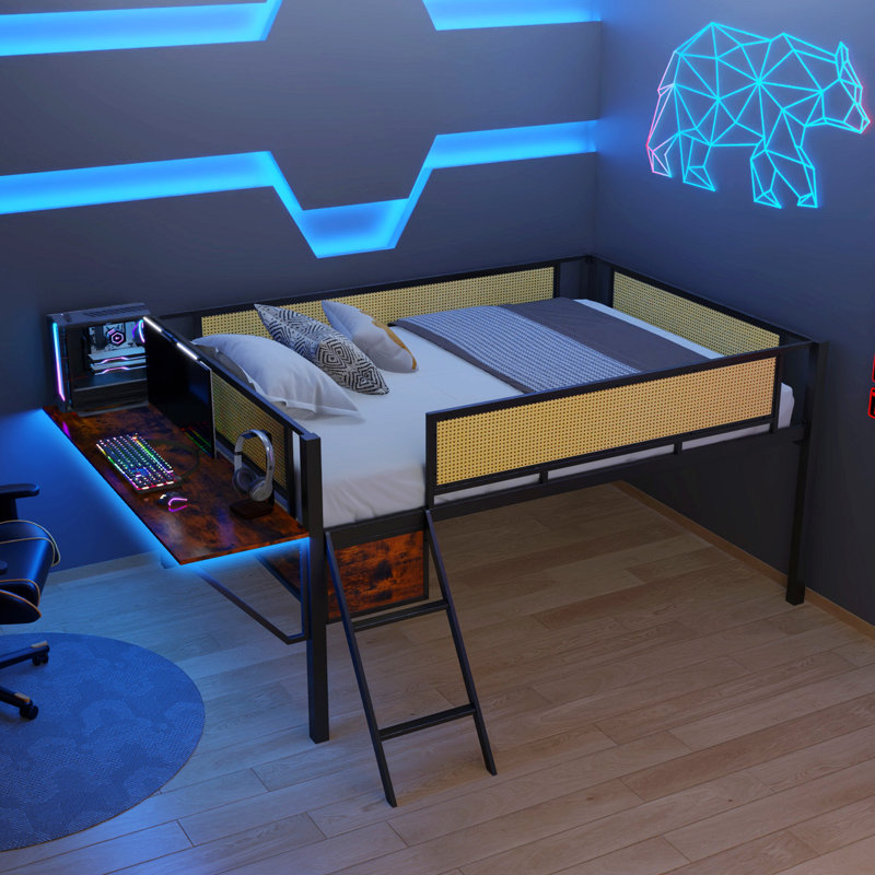 Metal Loft Bed With Rectangular Desk, Led Loft Bed Frame Double Bed With Storage Shelves, Safety Guard And Ladder, Twin