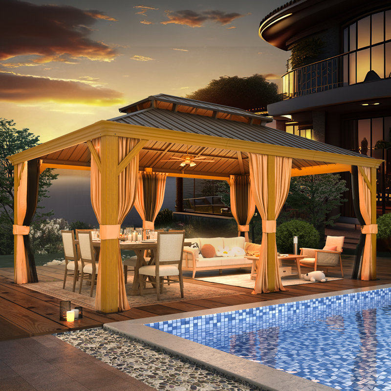 12' W x 18' D Outdoor Hardtop Gazebo with Aluminum Frame & Double Galvanized Steel Roof, Heavy Duty Permanent Pavilion with Netting & Curtains for Patio, Lawn, Deck