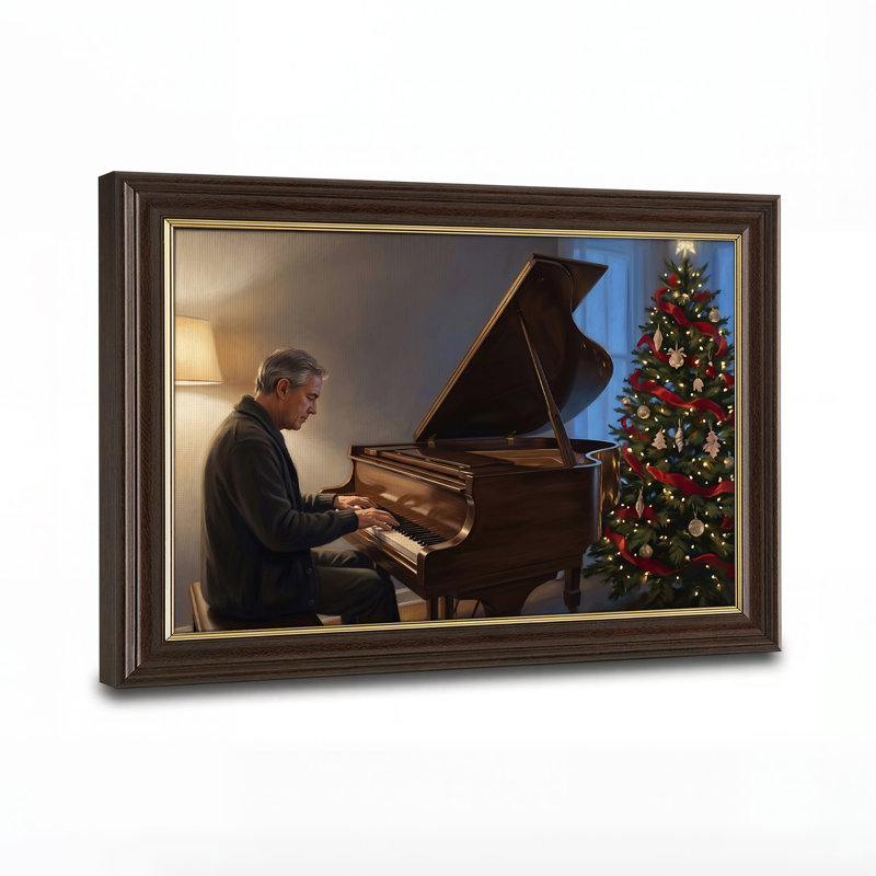 " Man Playing Piano Near Decorated Tree Christmas " Painting, 16"H x 24"W