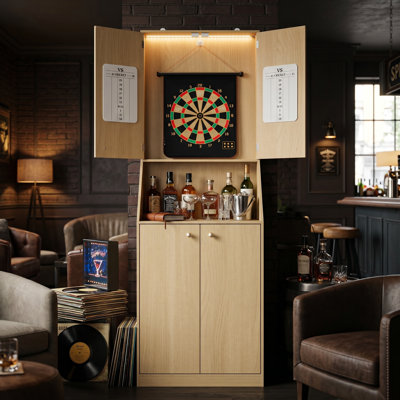 Armoire de jeu de fléchettes 74,8 "avec rangement, centre de jeu en bois avec tableau de pointage magnétique et lumière DEL