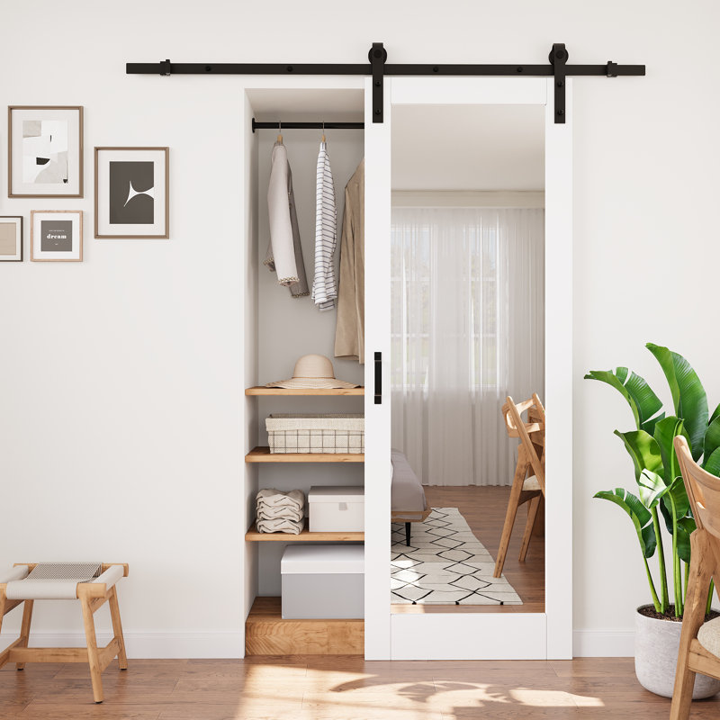  𝗡𝗼 𝗔𝘀𝘀𝗲𝗺𝗯𝗹𝘆 𝗥𝗲𝗾𝘂𝗶𝗿𝗲𝗱 Door Panel, 80''H Mirrored Solid Manufactured Wood Sliding Barn Doors with Hardware Kit