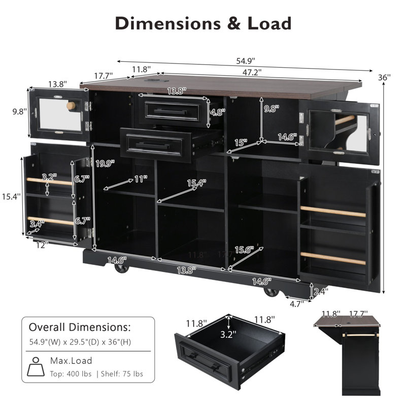 54.9" Kitchen Island with Drop Leaf, Power Outlet, Storage Cart with Shelves, Rolling with Barn Doors, Black