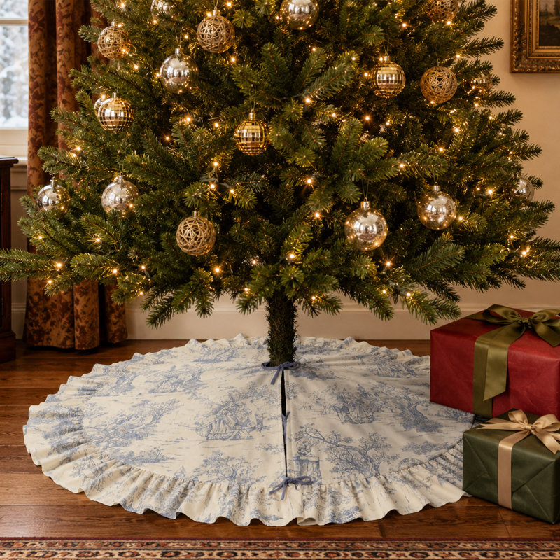 Jupe d'arbre de Noël 100% coton bleu et blanc avec bordure à volants
