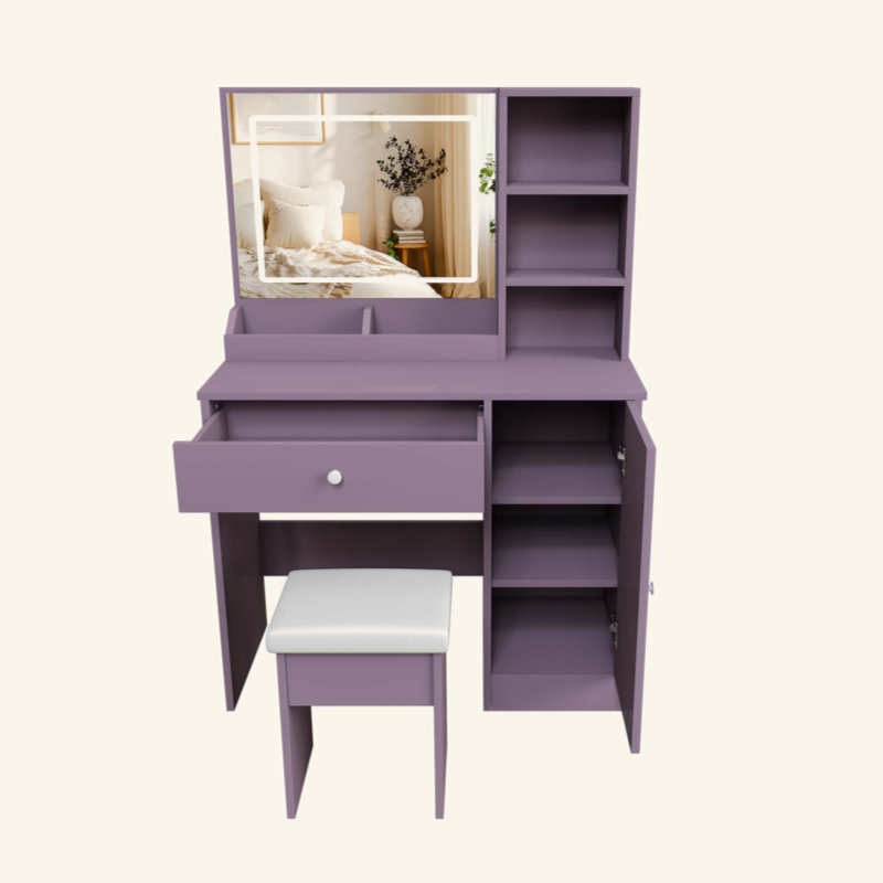Ensemble de coiffeuse élégant avec tabouret rembourré et miroir lumineux à DEL réglable (3 modes de couleur), ensemble de coiffeuse de maquillage de chambre à coucher moderne