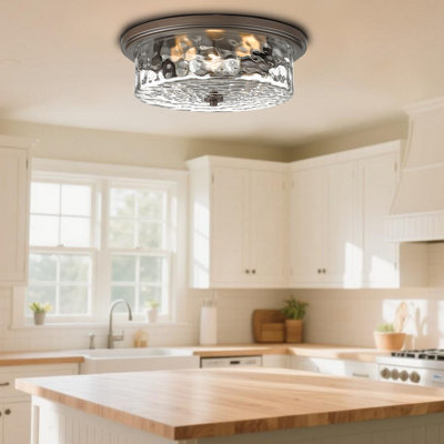 Large Industrial Flush Mount Ceiling Light, 16" 3-Light Modern Ceiling Light Fixture, Farmhouse Close To Ceiling Lighting,Hammered Glass Ceiling Light For Bedroom, Living Room, Kitchen Island(Oil Rubbed Bronze)