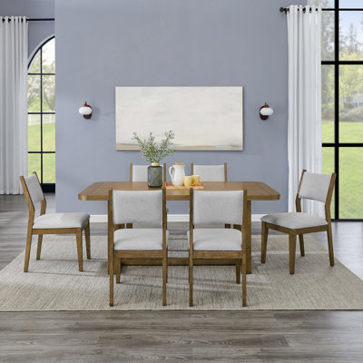 Ensemble de salle à manger 7 pièces avec table à tréteaux et 6 chaises élégantes, chêne clair