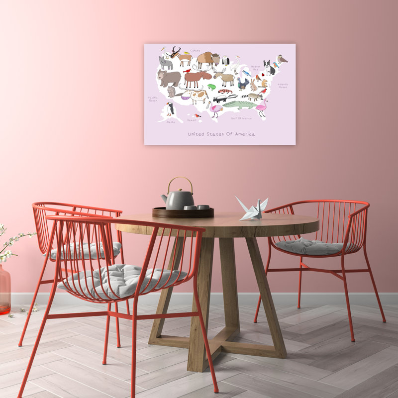 Cute Usa Animal Map Contemporary Alligator Bear Bird Wildlife Forest Wall Art Print by Carla Daly - Wrapped Canvas Print