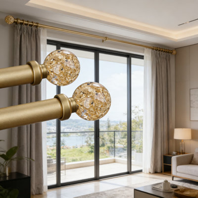 Heavy Duty Adjustable Curtain Rod Set With Crystal Ball Finials, 1 Inch Diameter Decorative Drapery Rod For Windows, 2 Pack Gold