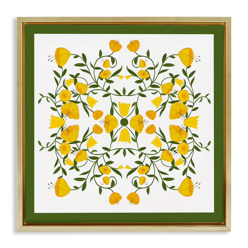  «Golden Blooms Symmetry» par Michelle Ingari Designs, H 25 po x l 25 po, Cadre flottant métallique doré