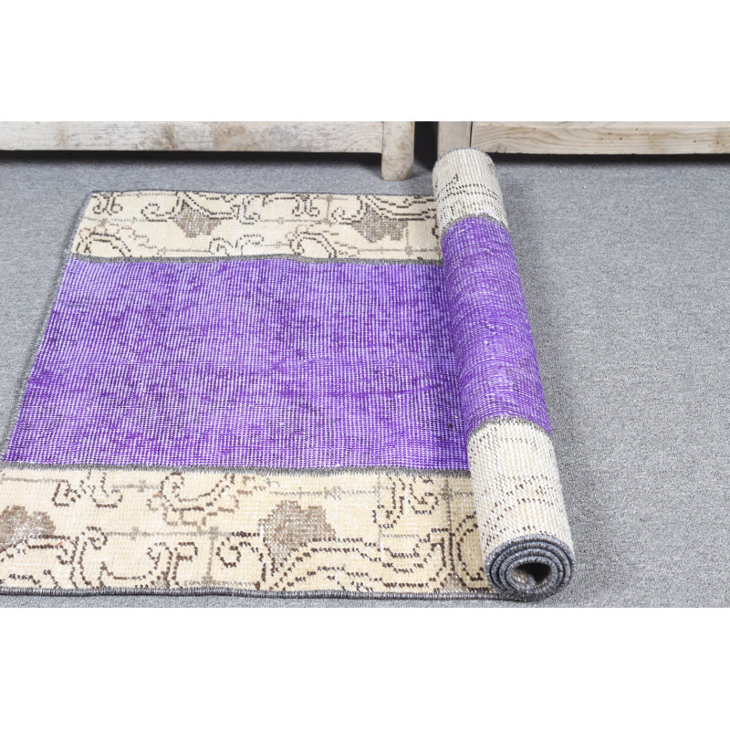 Small Vintage Turkish Rug in Faded Oushak Style for Entryway with Patchwork Design and Purple Wool