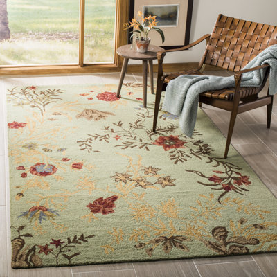 Tapis vert en laine / coton / latex crocheté à la main Emrick