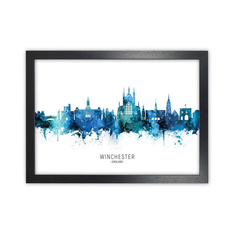 Winchester England Skyline Blue City Name by Michael Tompsett - Print, 25cm H x 34cm W x 3cm D, Black Framed