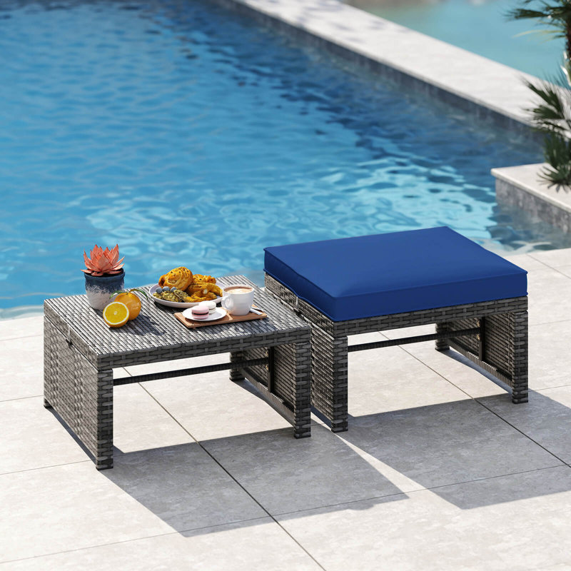 Ensemble de 2 repose-pieds en rotin avec coussins amovibles et structure en métal, Marine