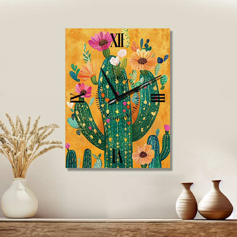 Jardin de cactus du Mexique - Horloge murale décorative du Sud-Ouest, imprimée sur métal, H 32 po x l 24 po - Rectangle