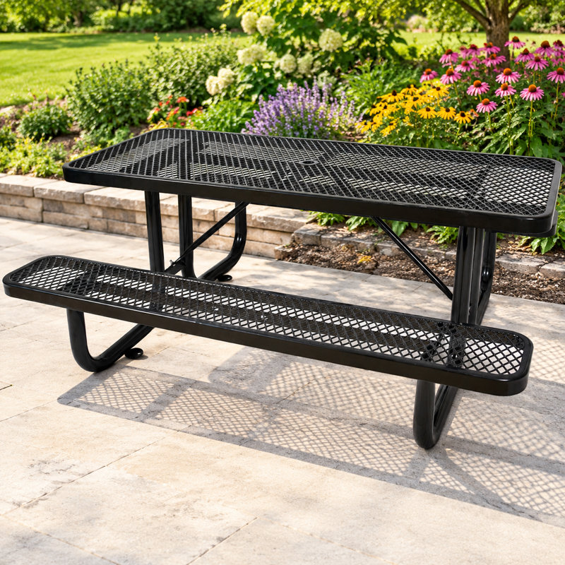 6-Foot Rectangular Outdoor Steel Picnic Table with Umbrella Hole, Black