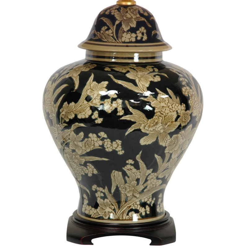 Black and Tan Floral Ceramic Table Lamp with Fabric Shade