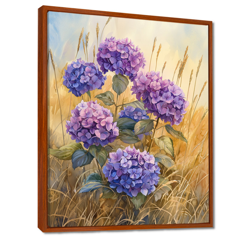 «Hydrangeas In A Golden Field II - Hydrangea», reproduction sur toile, Brun, Reproduction avec cadre flottant
