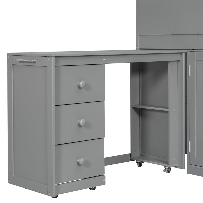 Lit mezzanine en bois avec bureau, tiroirs et armoires Lioro, Gris