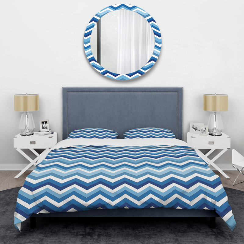 Ensemble de housse de couette moderne à motif de chevrons bleu et blanc, Housse de couette pour grand lit et 2 taies décor
