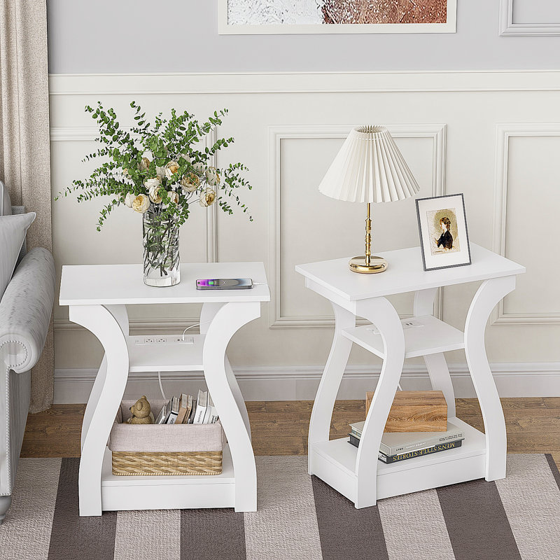 Arthus End Table and Built-In Outlets, White