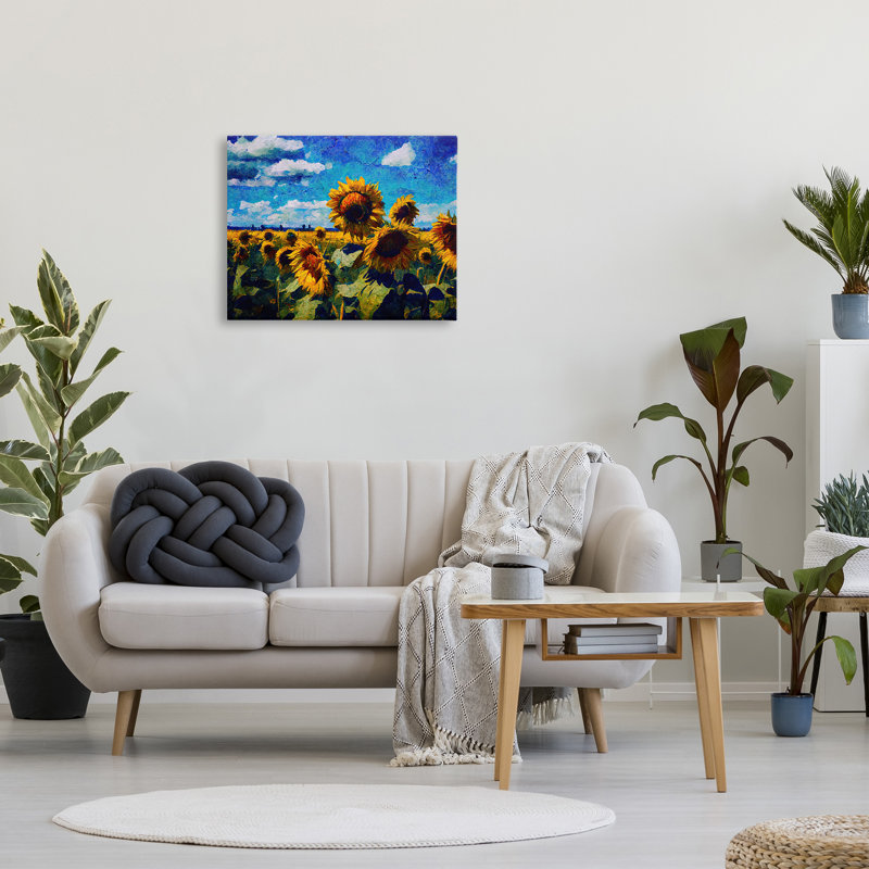 Art mural de champ de tournesols et nuages par Gina Kelly, H 24 po x l 30 po