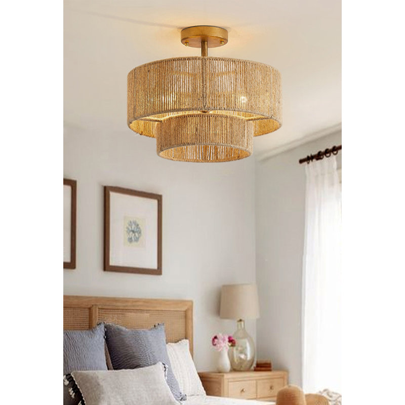 Lampe suspendue zen style japonais avec finition en bois et corde tissée, H 25,2 po x l 23,62 po x P 23,62 po