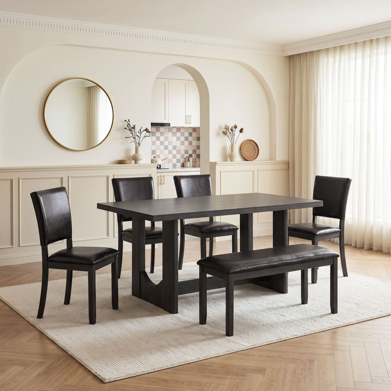 Ensemble de table de salle à manger six pièces avec chaises rembourrées et banc