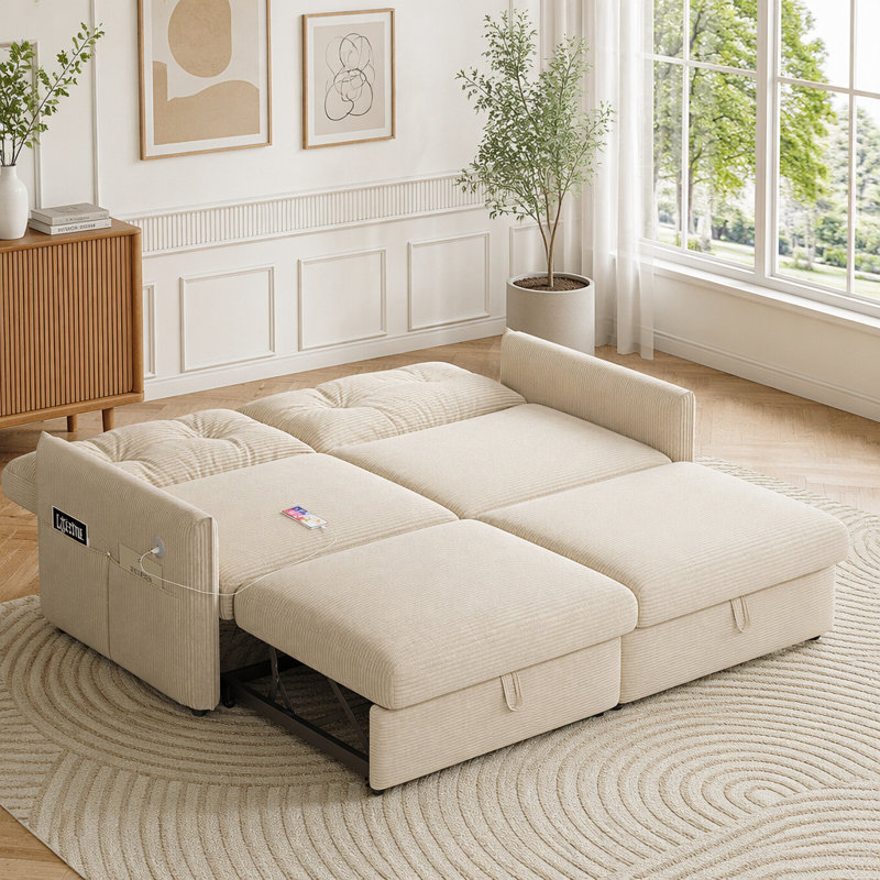 Canapé-lit convertible avec cadre en acier et tissu velours côtelé doux, Beige Corduroy