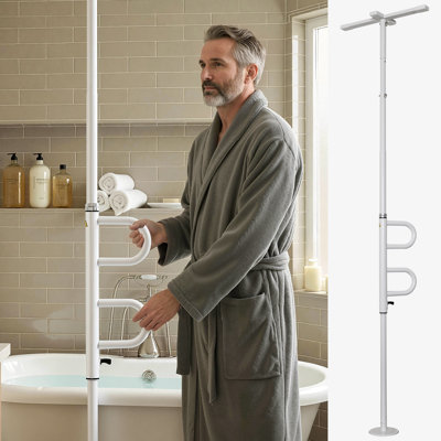 Poteau de transfert du sol au plafond Mcombo pour personnes agées (6,8 à 9,9 pieds), poteau de sécurité pour personnes âgées avec barre d'appui pivotante, barre de sécurité pour la salle de bain, la chambre à coucher et le salon (capacité de 400 lb), blanc
