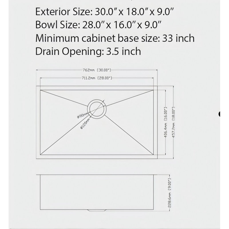 Évier de cuisine encastré 30 "x 18" x 9 "en acier inoxydable noir de calibre 16 avec ensemble de drain