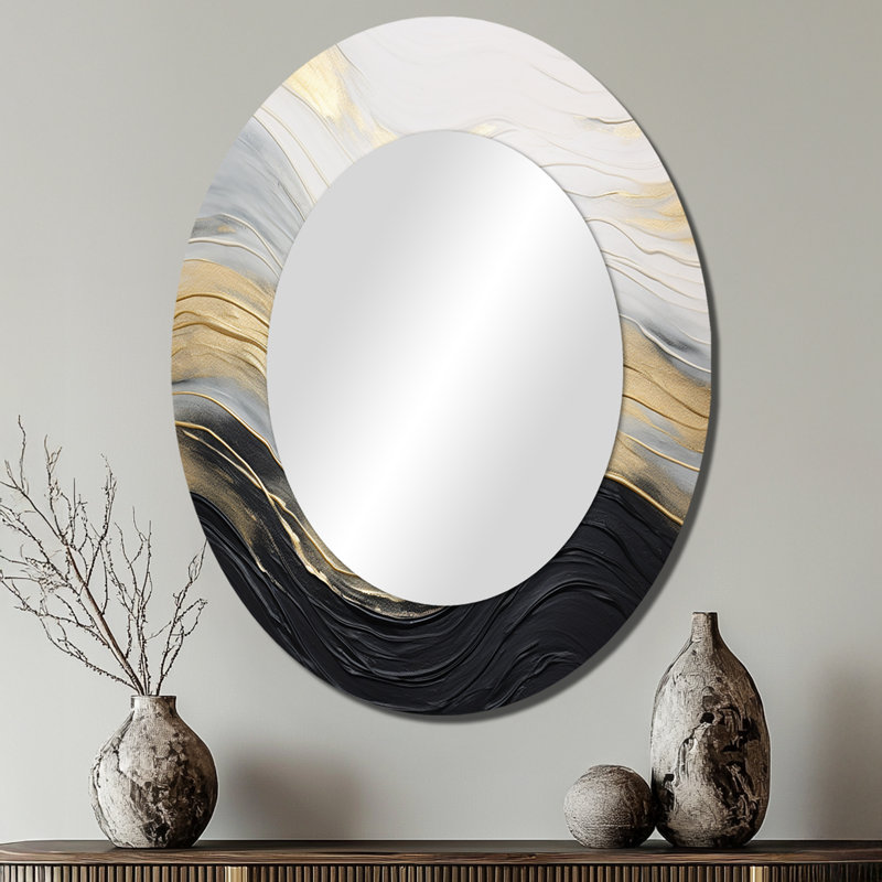 Soft Wave Fusion II - Beige Modern Oval Wall Mirror, 40" x 30"