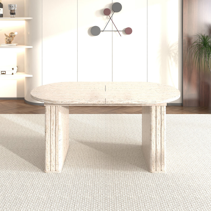 Table de salle à manger extensible pour 4 à 8 personnes, bords arrondis, piètement en lattes de bois, style inspirant, avec coins arrondis, idéale pour les réunions de famille au salon.