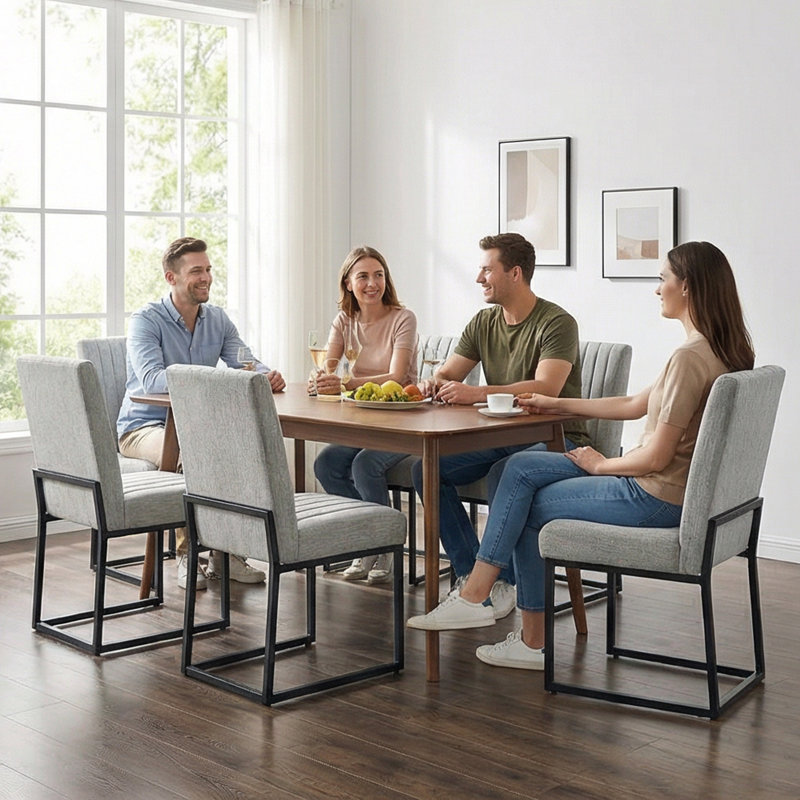 19.9'' H Striped Polyester Fabric Upholstered Side Chair (Set of 6), 6, Light Gray Quilted Polyester