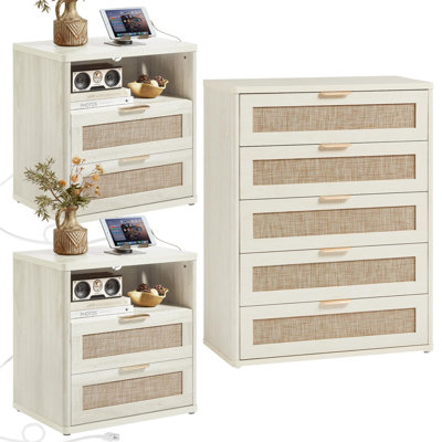 Rattan Dresser and Nightstand Set of 3, Boho Wood Bedroom Furniture, 5-Drawer Dresser and 2-Drawer Nightstands with Charging Station