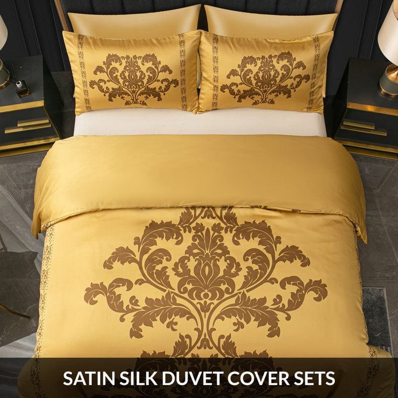 Satin Damask Duvet Cover Set with Pillow Shams, Double Duvet Cover + 2 Standard Pillowcases