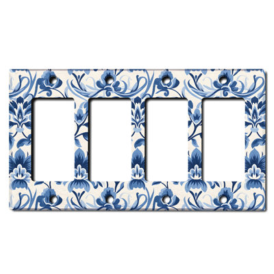 Elegant Damask Blue Flower White 4 - Gang Rocker Standard Wall Plate