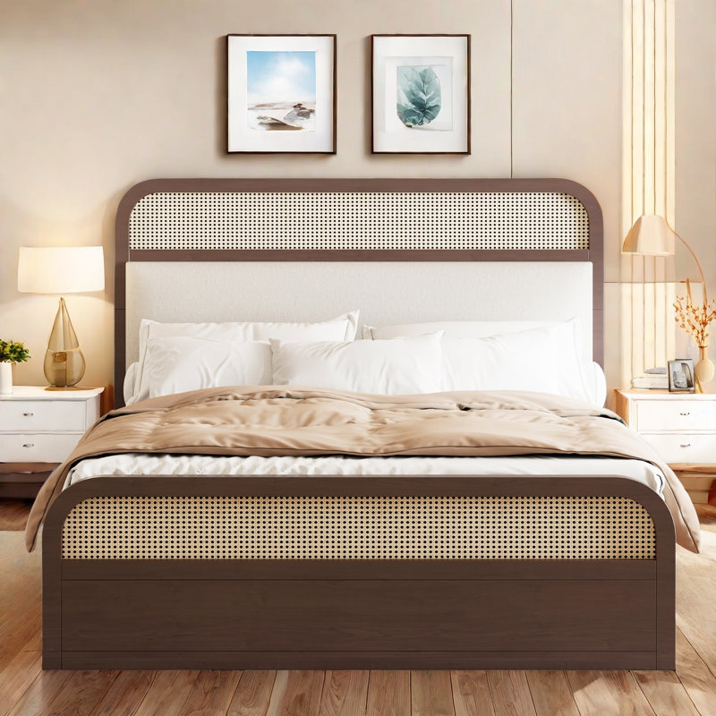 Wooden Platform Bed With Trundle, 2 Drawers And Rattan Accents, Espresso