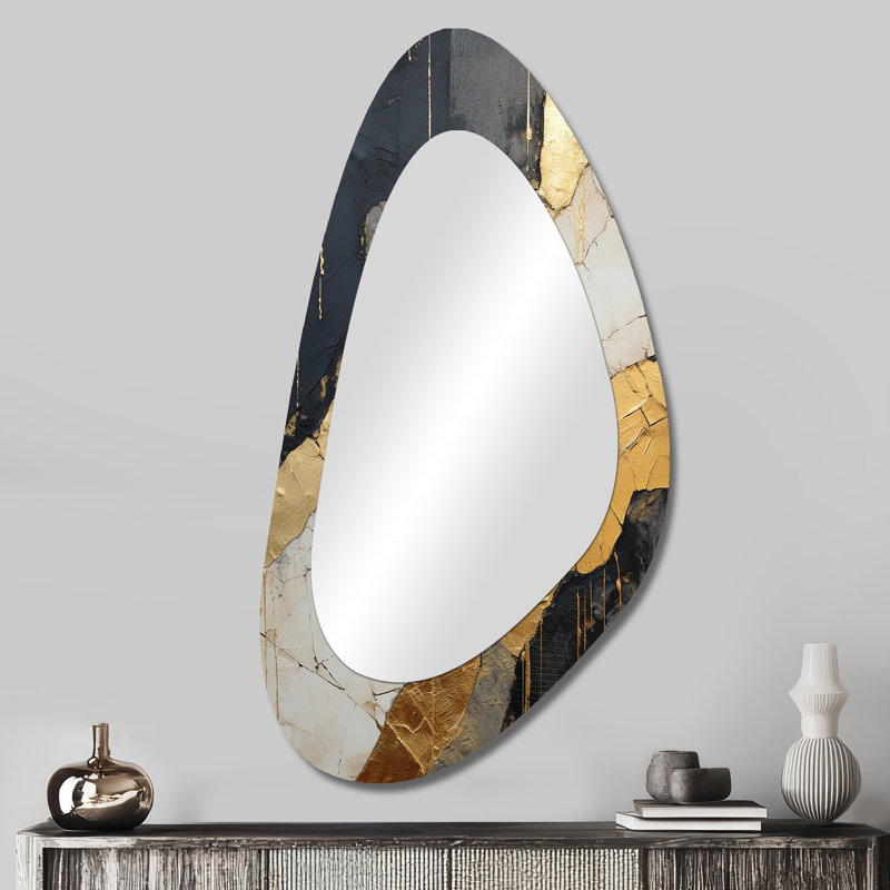 Black Gold Adorned Potteries V - Abstract Spirals Asymmetrical Decorative Mirror, Black Unique Shape Wall Mirror, Printed Metal Art