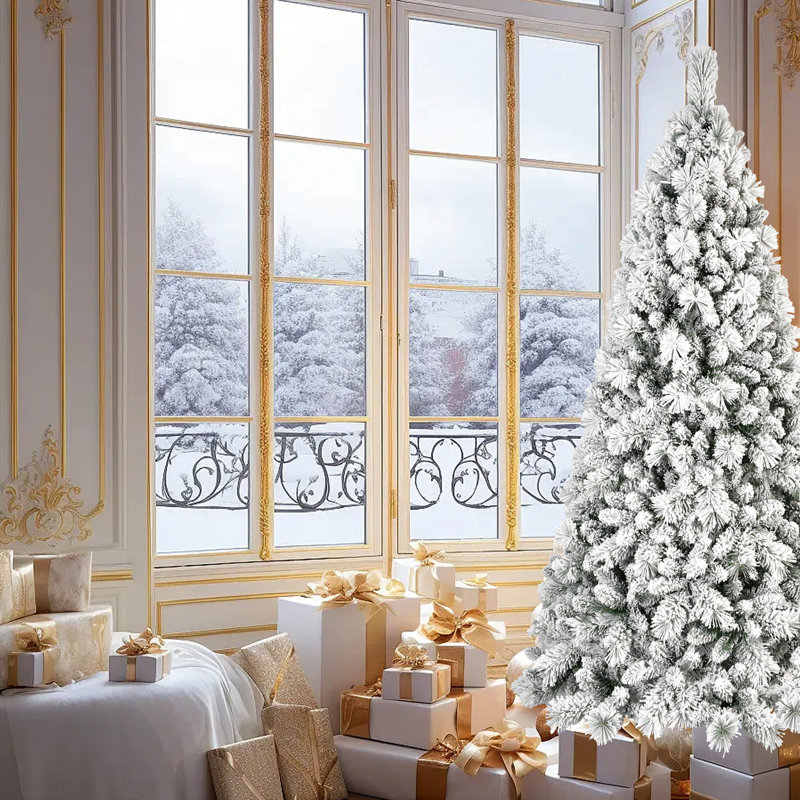 Arbre de Noël enneigé de 84 po avec 450 flocons de neige blanc chaud, 1060 pointes de branches réalistes et branches à aiguille dure, méthode d'installation facile à charnière, arbre en métal robuste de 7 pi, lumières, pleine neige