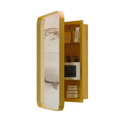 20" x 30" Modern Rounded Rectangle Sliding Bathroom Medicine Cabinet with Mirror, Golden Framed Wall Mounted Storage Organizer with Glass Shelf