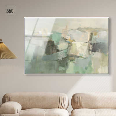 «Greyish Green I», reproduction murale encadrée, reproduction d'art, sauge, par Art Remedy, cadre blanc, 54 x 36