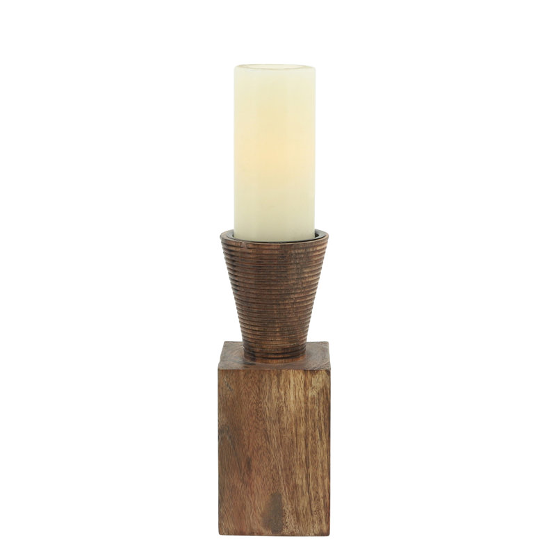 Porte-pilier en bois de manguier avec plateau conique sculpté et base carrée - Décoration moderne pour le salon ou le vestibule