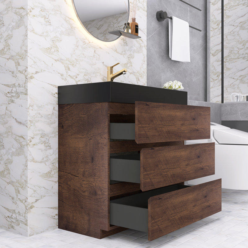 Ensemble de meuble-lavabo simple 35,8 po Dosie, Noir mat, Noyer