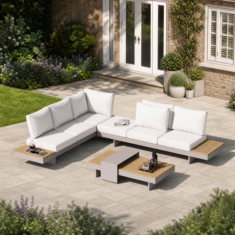 Modular Garden Sofa Set, L Shaped Garden Sofa & Coffee Table Patio Corner Group Set for Modern Garden, White