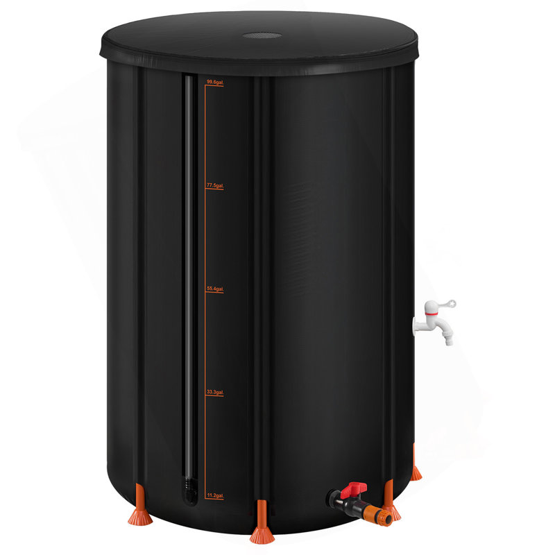 Baril d'eau pliable pliable, baril d'eau de pluie portatif 100 gallons, système de collecte d'eau de pluie en PVC 1000D, réservoir d'eau de jardin avec ensemble de robinet et de trop-plein, noir