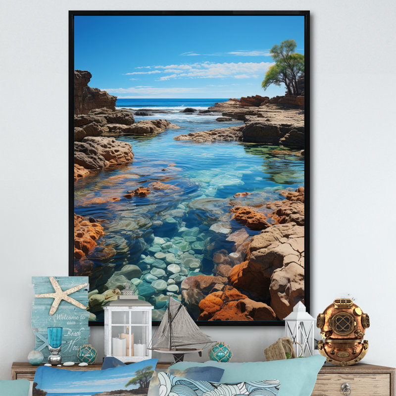 Beach Photo Tranquil Tidepools I - Art mural sur toile nautique et plage, H 32 po x l 16 po x P 1 po, Cadre flottant noir